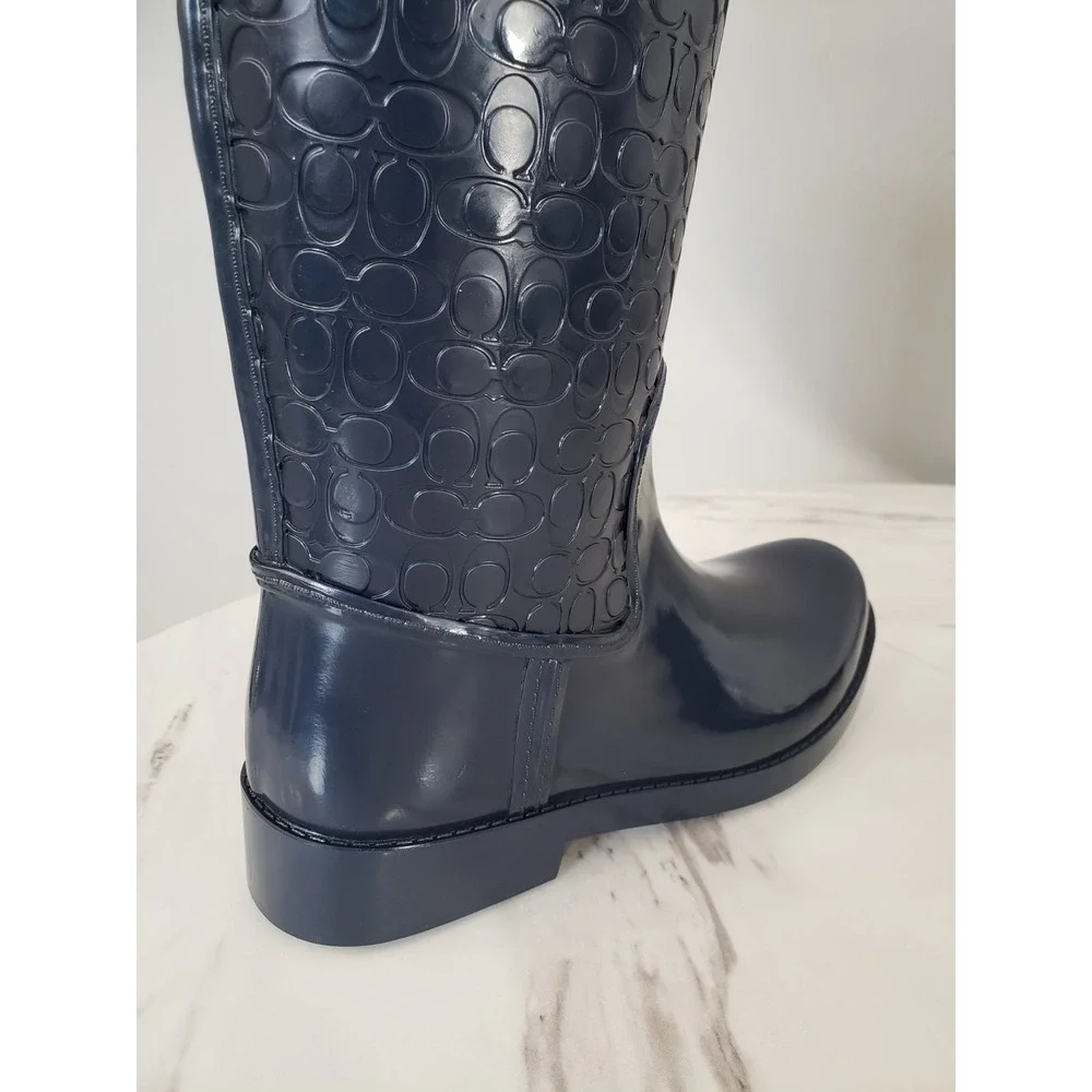 NEW‎ SZ 7 Coach Tudor Rainboots in NAVY BLUE Womens Signature Embossed TALL